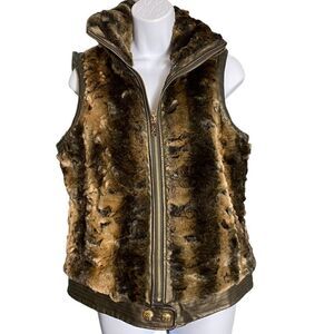 Big Chill Womens Faux Fur Metallic Bronze Zip Up Vest Small Brown Gold Trim